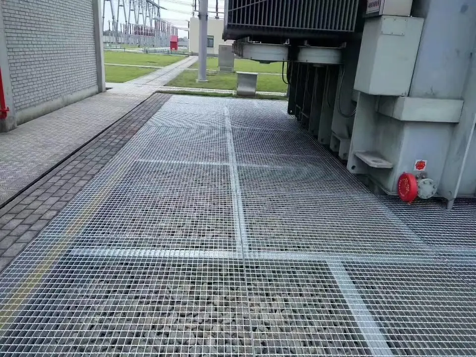 Press welded hot dip galvanized steel grating installed as industrial platform decking